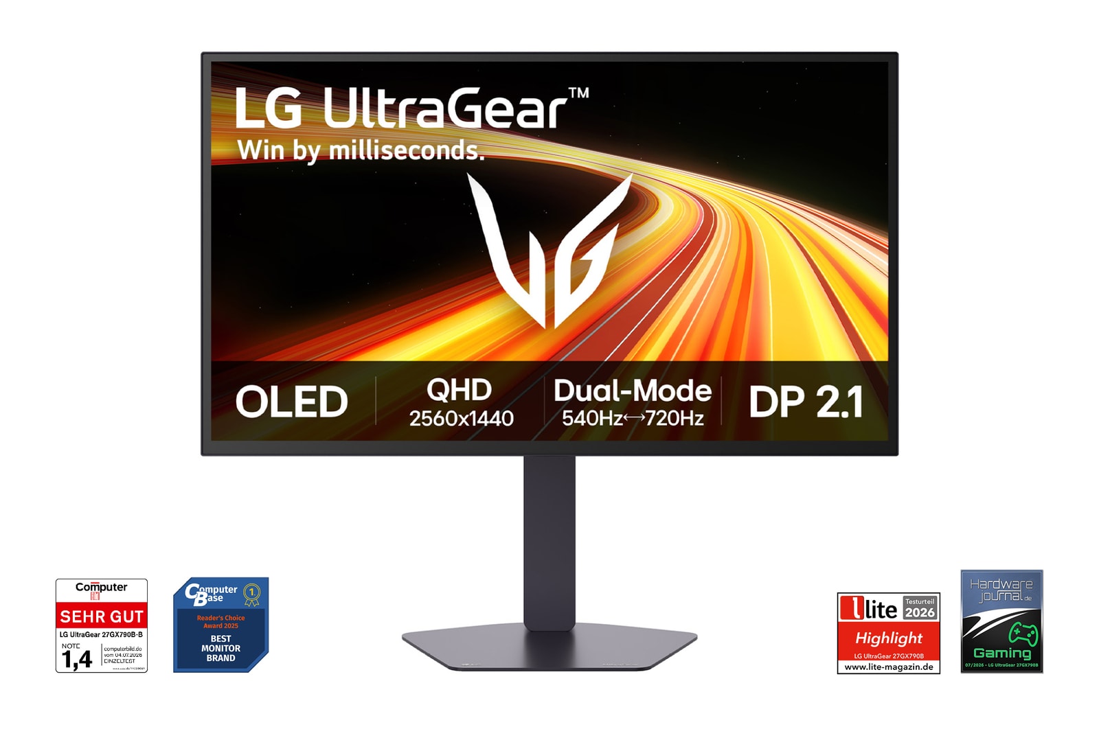 Vorderseite von LG UltraGear™ 27-Zoll Gaming-Monitor der 4. Generation mit OLED QHD – 27GX790B mit Dual-Mode (720 Hz bei HD, 540 Hz bei QHD), 0,02ms (GtG), DP2.1, VESA DisplayHDR™ True Black 500 27GX790B-B